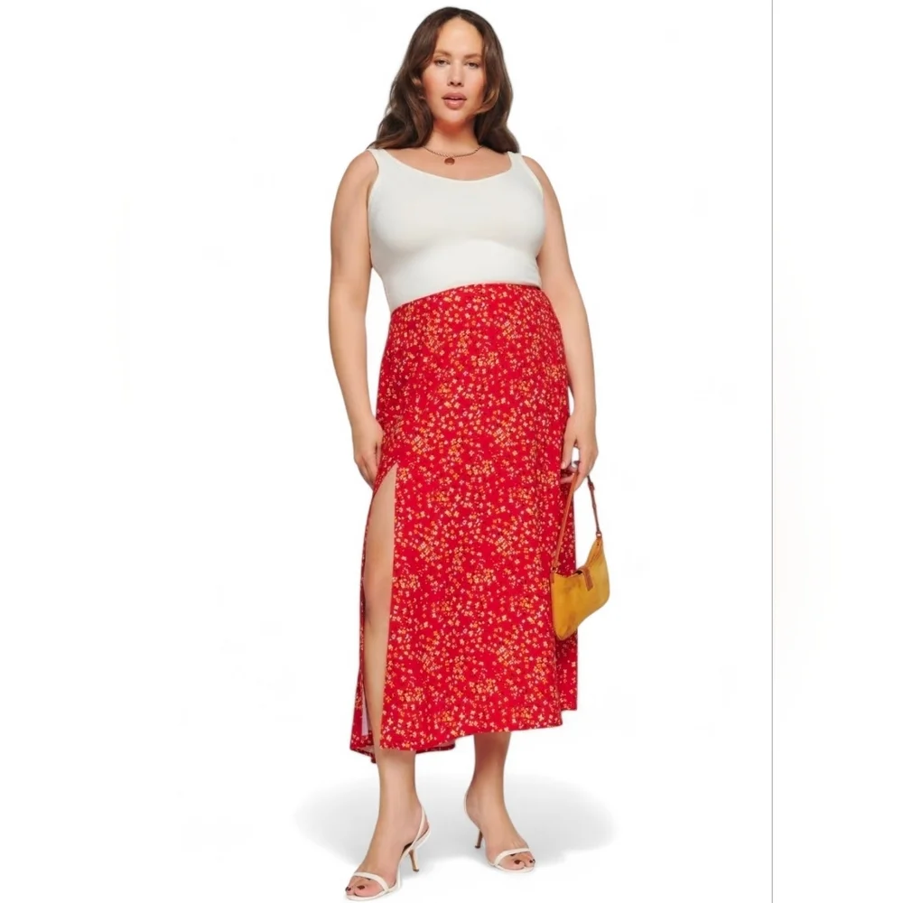 Reformation Zoe High Rise Midi Skirt In Baila Red And Yellow Floral Size 20